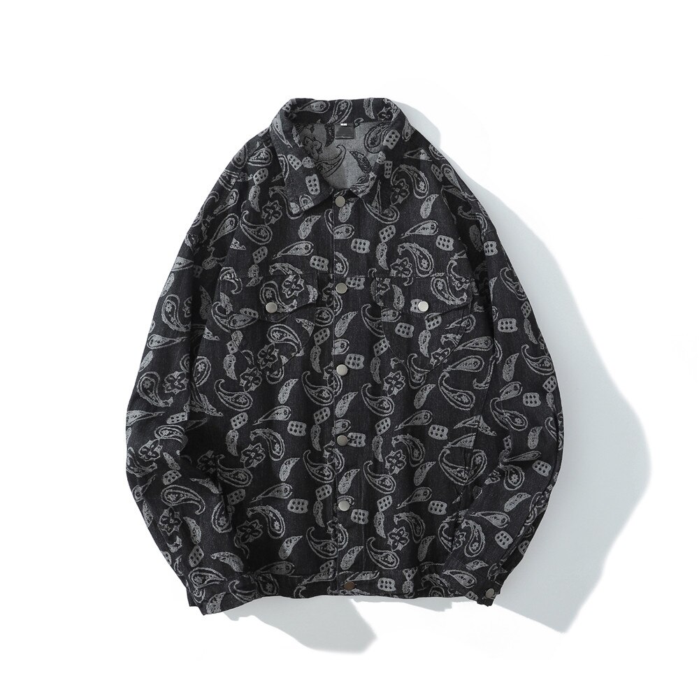 dunkel Symbol Bandana Jacquard Denim Jacken Männer drehen-unten Kragen Jean Jacken Männer der Jacke: Schwarz / M