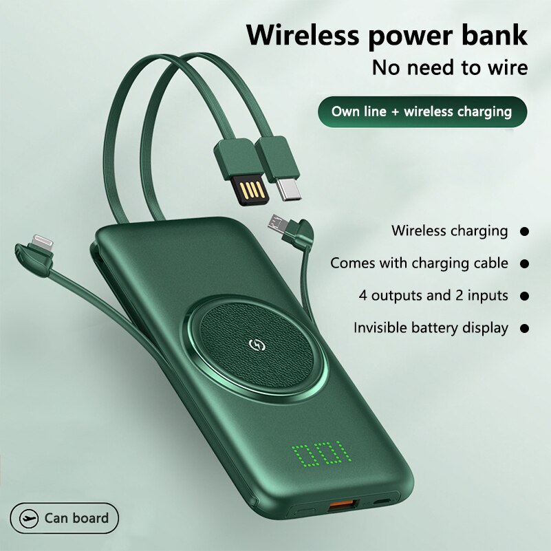 20000Mah Power Bank Voor Xiaomi Qi Draadloze Oplader Ingebouwde 4 Kabels Draagbare Powerbank Externe Batterij voor Iphone