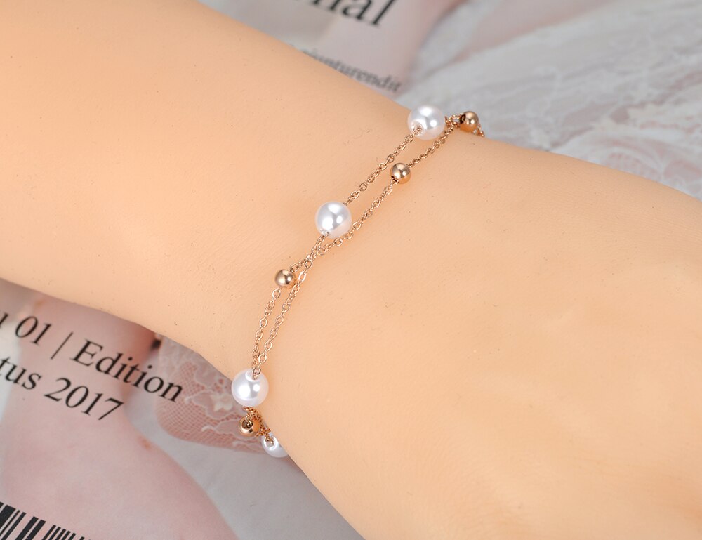 Lokaer à la Double couche blanc perle breloque Bracelets pour femme bohême acier inoxydable lien & chaîne plage Bracelet B20013