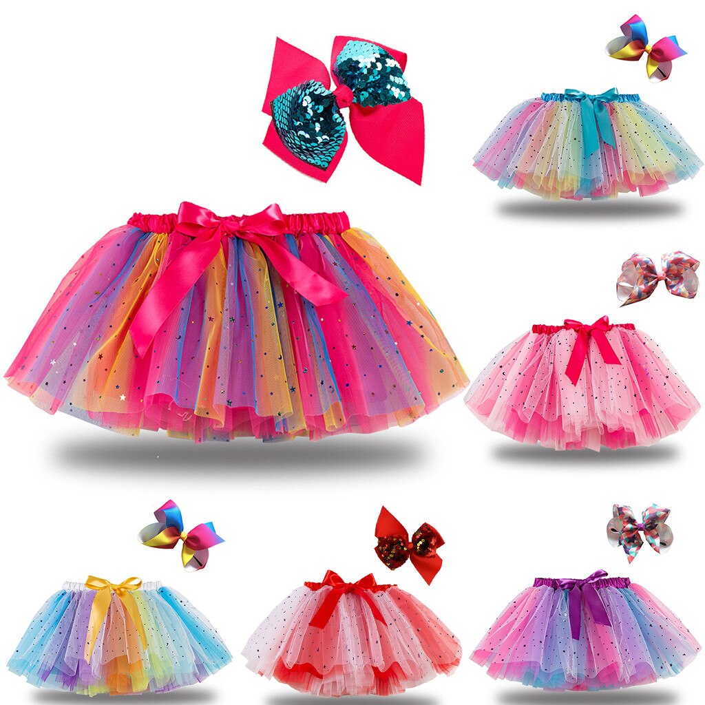 Baby Girls Rainbow Tutu Skirt Party Dance Ballet Splice Sequin Rainbow Tulle Kids Girls Mini Skirt Bow Hairpin falda de tul