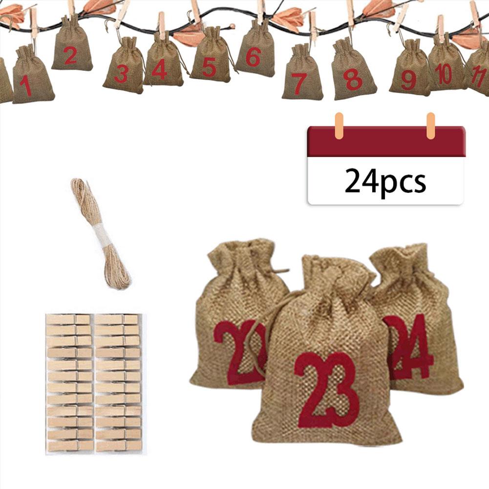 Christmas Pattern Candy Bag 1-24 Advent Bundle Calendar Countdown Jute Bag Candy Storage Pouch DIY Christmas Advent Calendar Bag: J