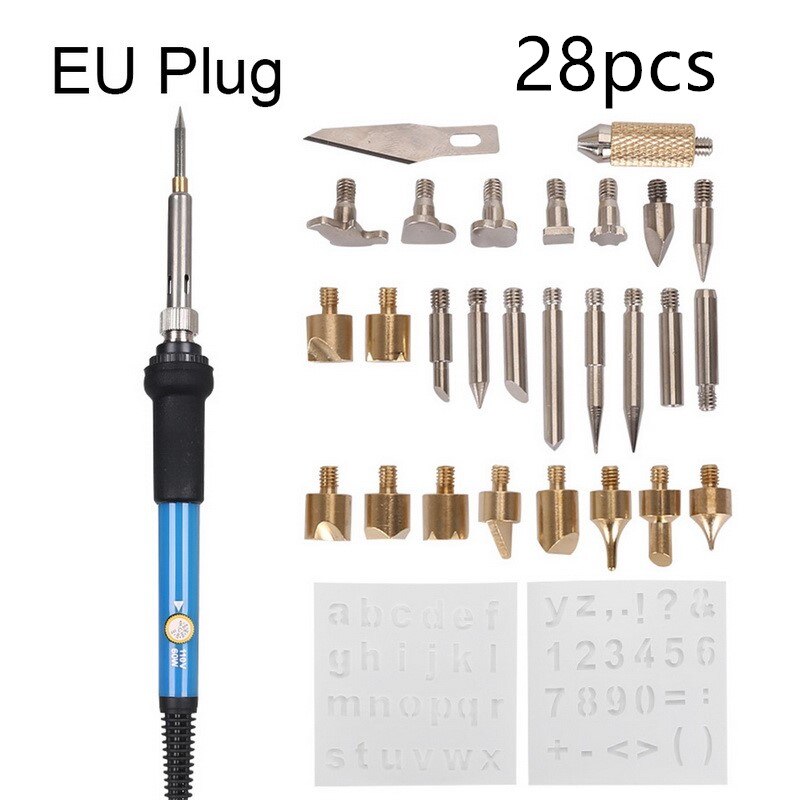 28 Uds. Herramienta de grabado de pirograbado de hierro de soldadura ajustable, pluma de grabado en relieve de madera, conjunto de puntas de soldadura, Kit de puntas de soldadura, enchufe EU/US/UK: EU Plug 28pcs