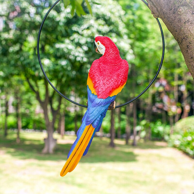 Hand Painted Red Yellow Blue Resin Parrot On Iron Circle Frame Garden Decor Hanging Ornament
