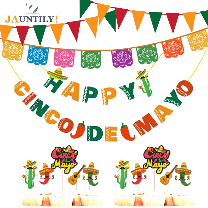 Mexicaanse Thema Partij Decoratie Banner Stro Hoed Chili Cactus Cake Topper Gelukkig Cinco De Mayo Kan Brief Vlag Bruiloft Decoratie