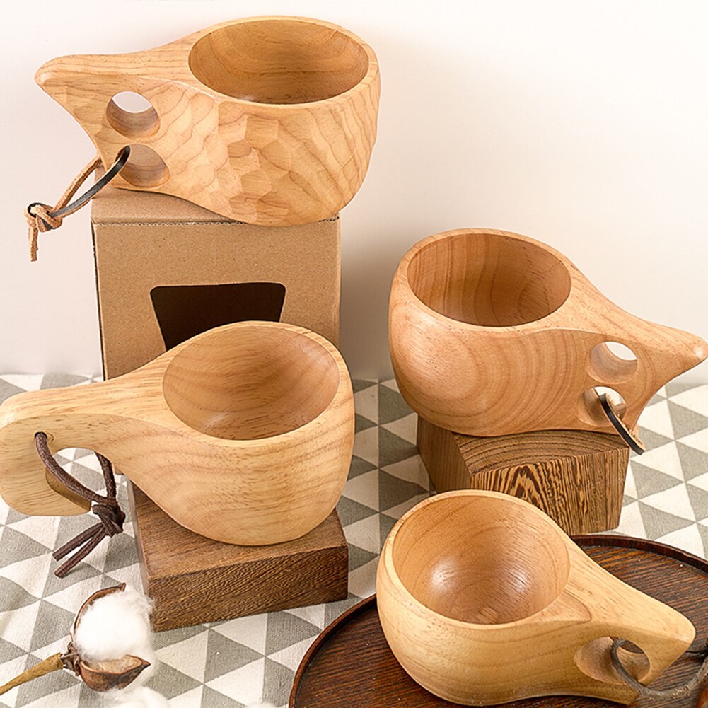 Taza de café portátil con mango de madera, gancho de cuerda de cuero de dos agujeros para zumo, taza de té de la leche, tazas de agua de cocina de protección medioambiental