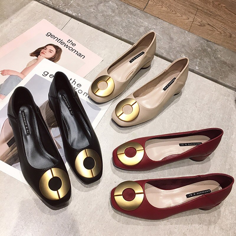 Kvinner kjole sko lave hæler pumps firkantet hæl båt sko runde metall pumps kontor sko damer zapatos mujer 7913n