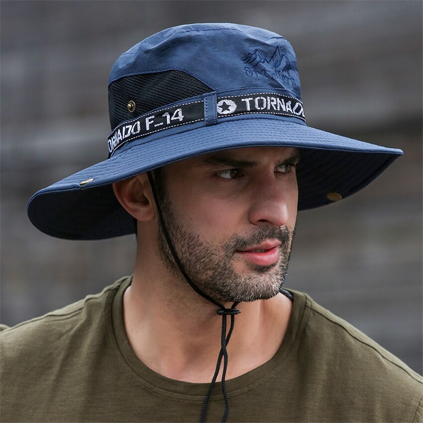Fralu Zomer Hoeden Mannen Zon Protector Uv-Proof Ademend Emmer Hoed Grote Brede Rand Wandelen Outdoor Vissen Strand Cap cowboy: Navy Blue Hat