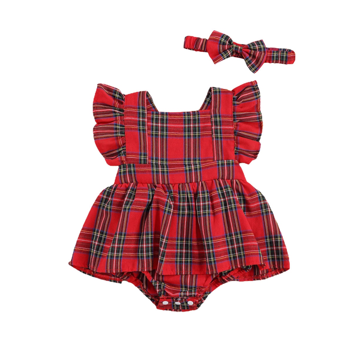 Focusnm natal bebê meninas meninos bodysuits bandana 2 pçs xadrez impressão babados manga curta macacões