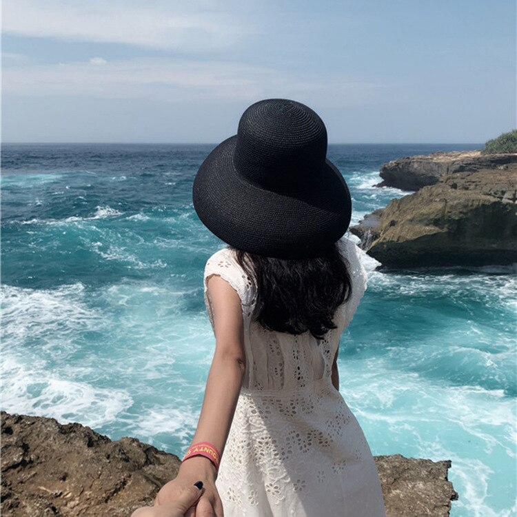 Hepburn Style Summer Japanese Straw Hat Sunken Bell-shaped Big Eaves Beach Hat Vintage Fold Fisherman Cap Atmosphere