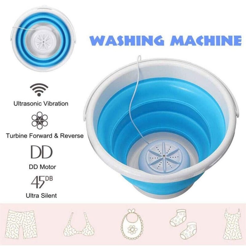 Mini Ultrasonic Washing Machine Foldable Bucket Shape Laundry Clothes Washer For Home Travel USB Powered