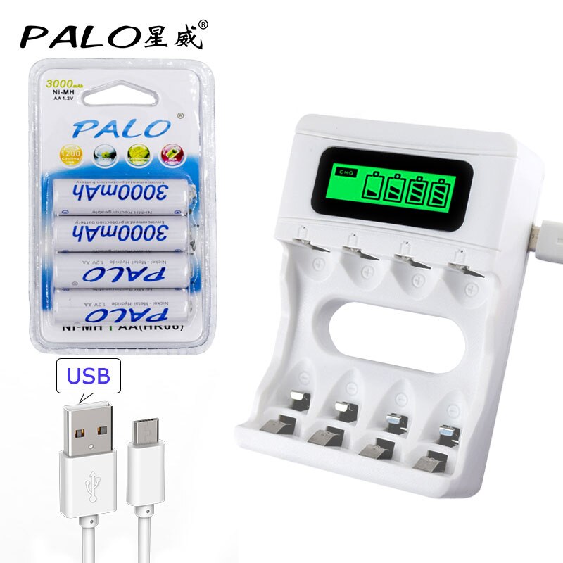 PALO 8 stuks AA Batterij 3000mAh 1.2V NI-MH AA oplaadbare batterijen voor camera LED licht Speelgoed MP3 mp4 microfoon batterijen: 4PCS and charger