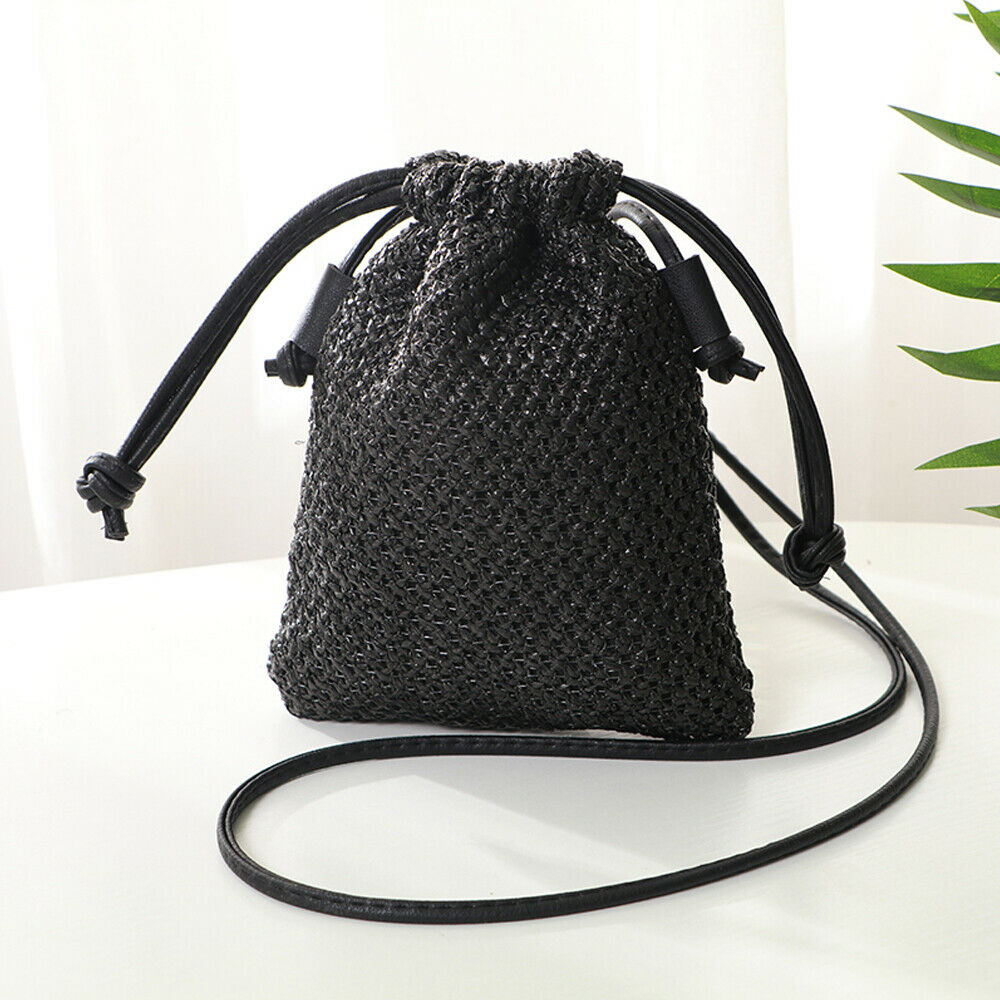 Women Girl Rattan Wicker Handbag Beach Crossbody Drawstring Bags Casual Bohemian Straw Woven Bag: black