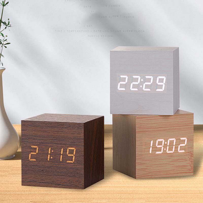 Alarm Clock LED Wooden Watch Table Voice Control Digital Wood Despertador USB/AAA Powered Electronic Desktop Clocks