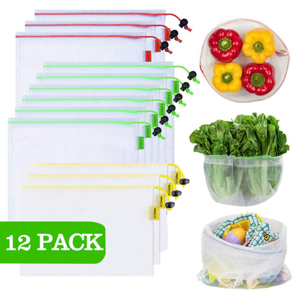 12 Pcs Reusable Produce Mesh Bags for Grocery Shopping Bag 3 Sizes Washable Food Storage Bags