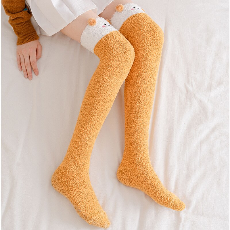 Winter Soft Coral Fleece Women Thigh High Socks Cute Cartoon Animals Panda Cat Bear Over Knee High Ladies Girls Long Socks Home
