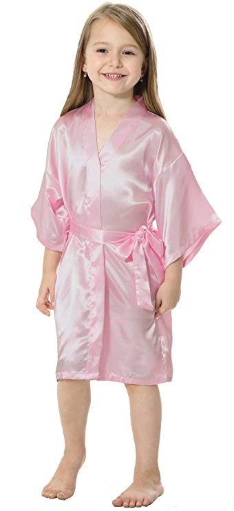 Kids Solid Satin Rayon Kimono Robe Bridesmaid Solid Bathrobe Children Nightgown Sleepwear Dressing Gown: S / Brown