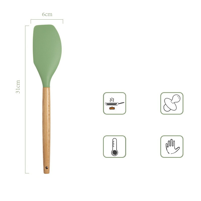 Avocado Green Silicone Utensils Cooking Kitchenware Tool Set With Wooden Handle Non-Stick Spatula Ladle Egg Beaters Shovel: H