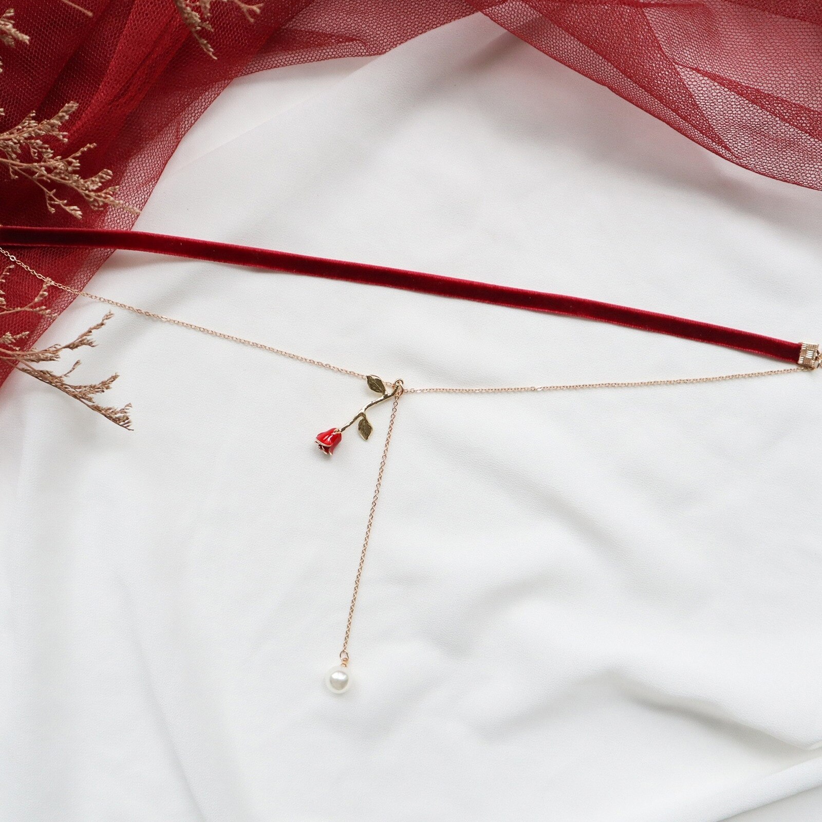 Doreen Box Velvet Choker Necklace Wine Red Rose Flower Crane Pendants Women Collar Chains Party Club Girls Jewelry,1PC: 1