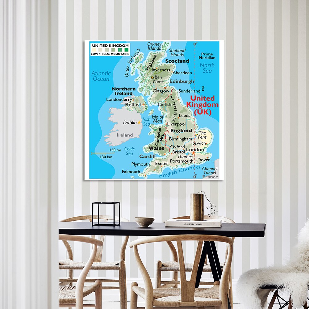 150*150cm The United kingdom Terrain Map Vinyl Canvas Painting Large Wall Poster Classroom Home Decoration School Supplies