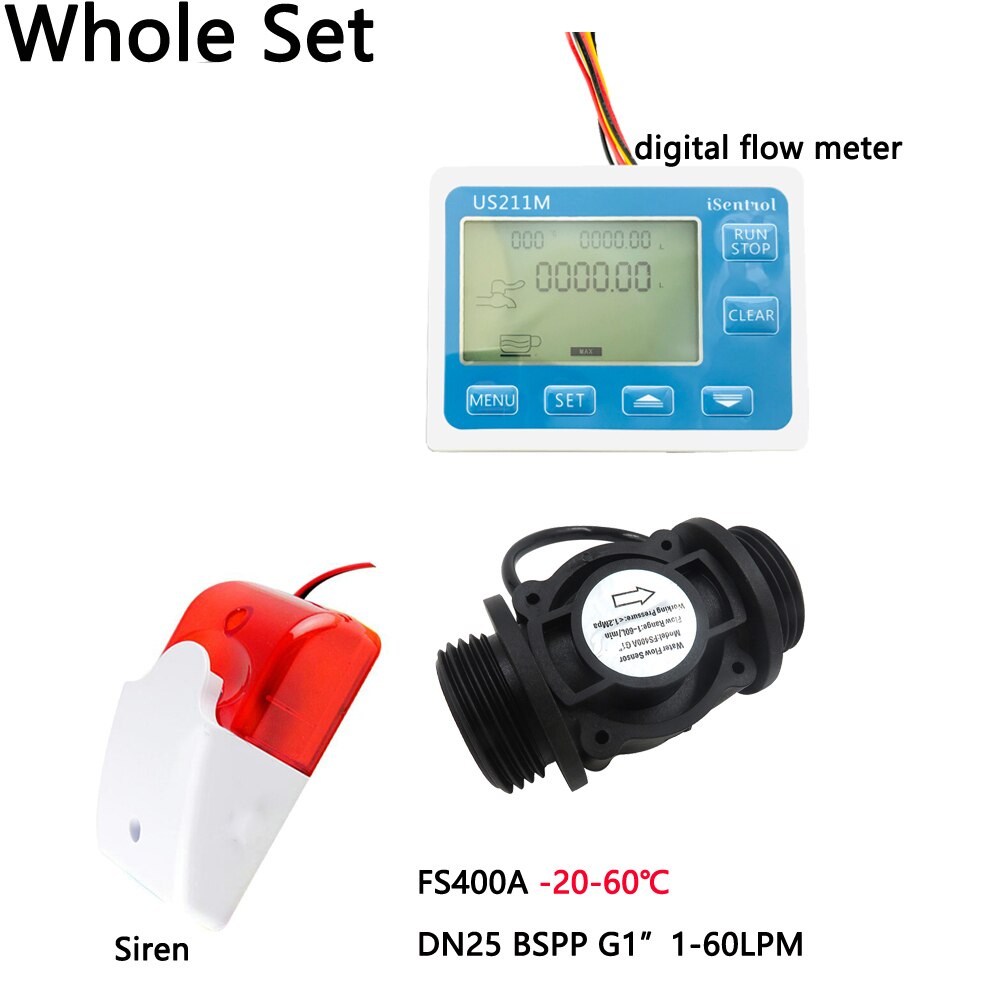 US211MA Water Flow Meter Totalizer Alarmer and PA66 FS400A Flow Senor Turbine flowmeter G1" BSPP Water Suspend Alarming System: Whole Set no power