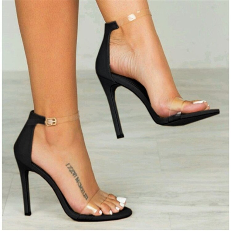 Zomer Sandalen Vrouwen Dunne Hak Gesp Hoge Hakken Open Transparante Riem Zwarte Vrouwen Schoenen