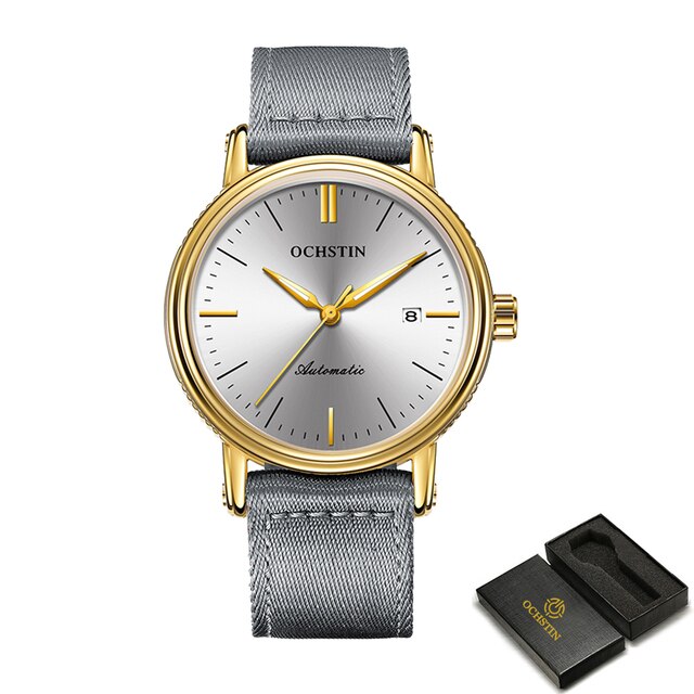 Ochstin Heren Horloges Mechanische Automatische Lederen Nylon Band Zakelijke Auto Datum Man Dress Horloge Waterdicht Mode Klok: silver whiteN