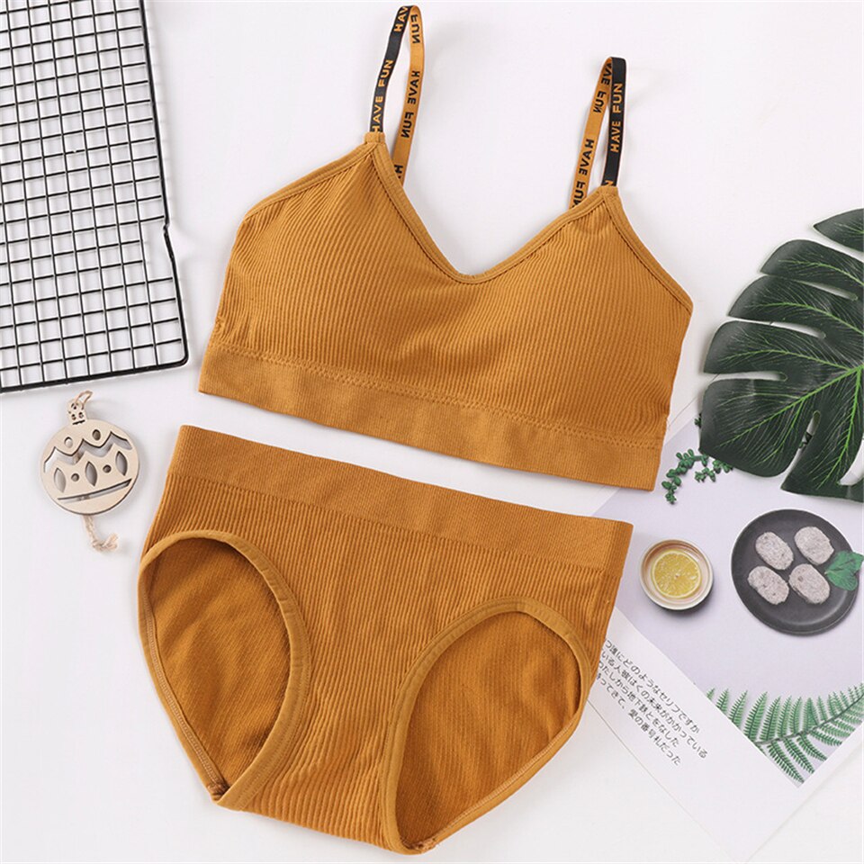 Seamless Women Top Panties Set Comfortable Cotton Tops Panties Woman Underwear Set Soft Active Wear Lingerie Fitness Crop Top: Gold