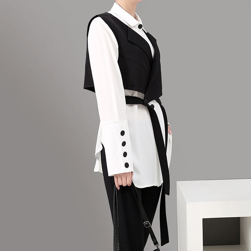 Langærmet ensfarvet hvid todelt sæt bluse skjorte og vest koreanske bluser feminin skjorte chemise femme 5412