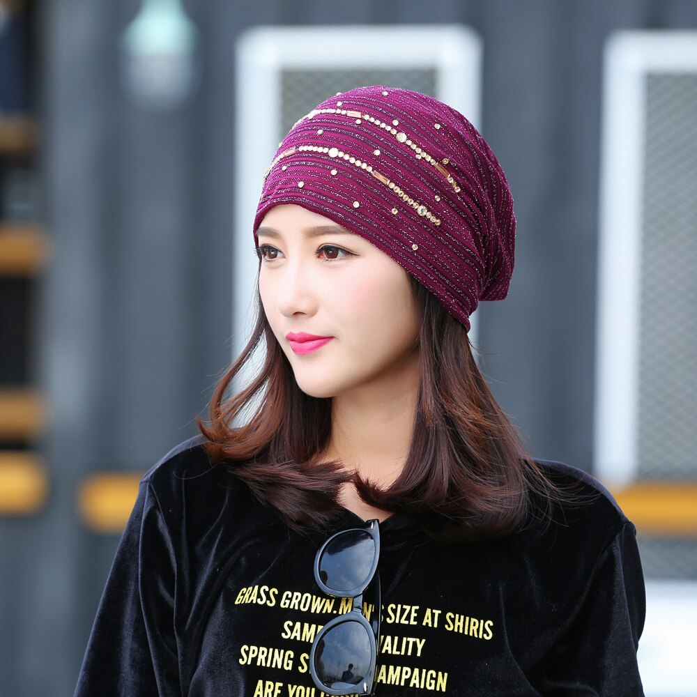 Lace Striped Rhinestones Beanie Hats For Women Casual Diamond Turban Bonnet Caps Female Thin Skullies E Gorros Mulheres