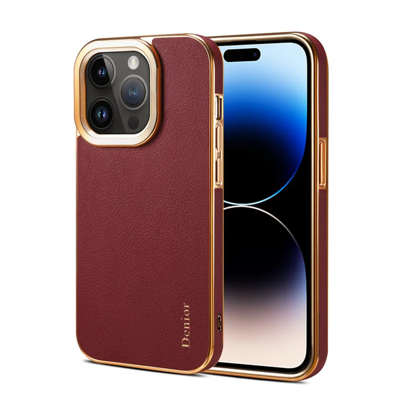 Eucagr Luxus Echt ledertasche für iPhone 15 Pro Max stoß feste Silikon Handy hülle für iPhone 15 14 13 12 Pro Max Plus: Microfiber / Rot