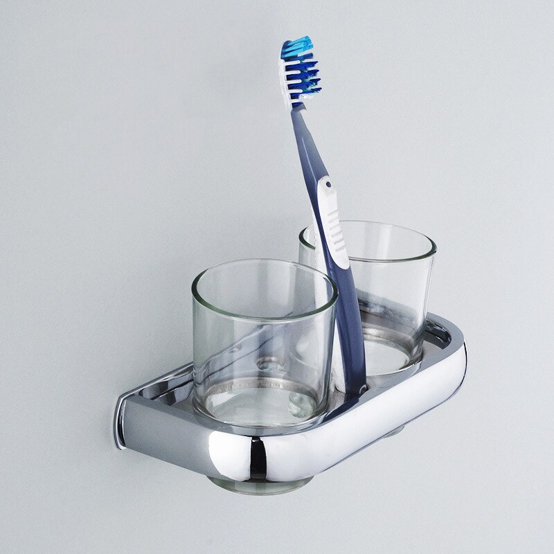 Chrome Bathroom Toothbrush Holder Wall Mount Stainless Steel Doulble Cup Holder Bathroom Accessories for Couples Wedding