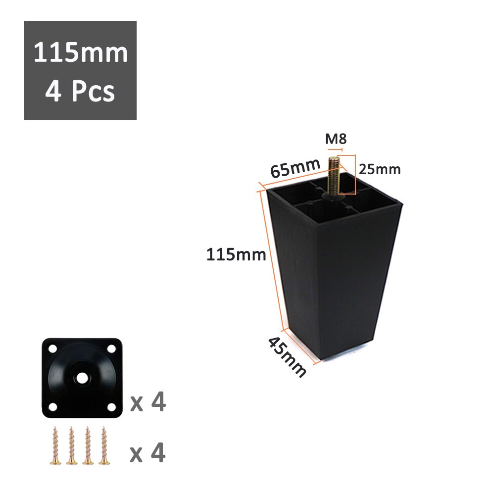 1/4 Pcs Multi-size Square Plastic Furniture Legs Replacement Sofa Legs With M8 Bolts For Couch Cabinet Bed tv stands: 4Pcs 115mm