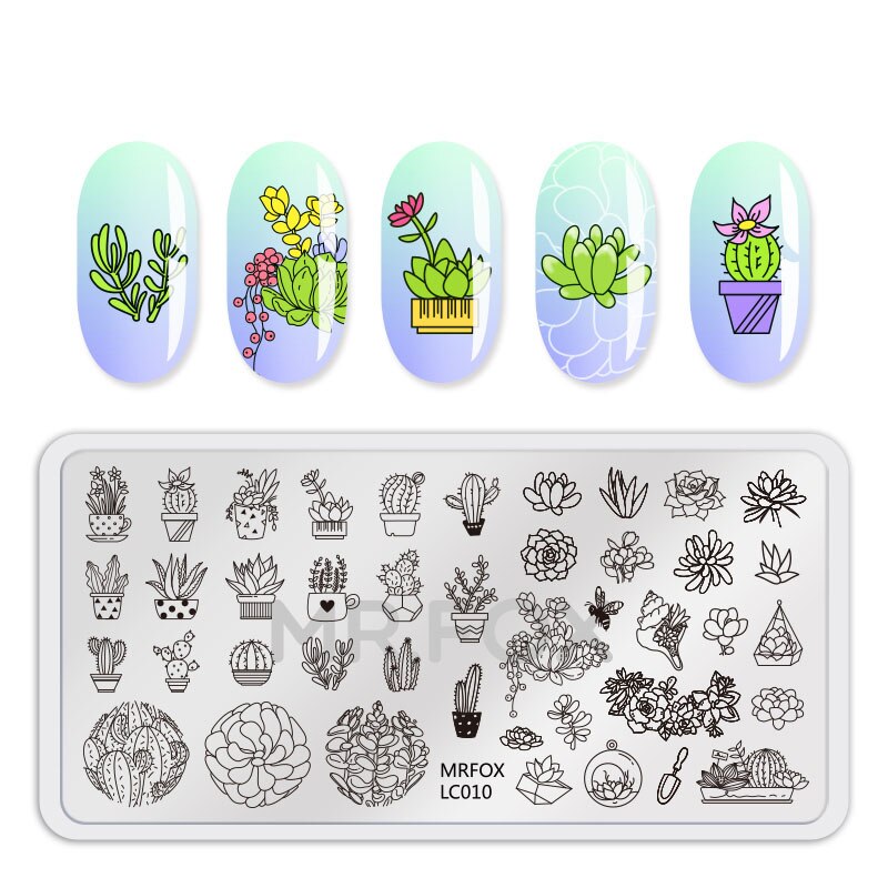 WAKEFULNESS estampado de plantas en maceta placas de estampado de uñas rectángulo flores Nail Art plantillas de patrones manicura herramientas para estampado de uñas: MRFOX-LC010