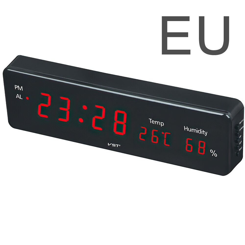 Digital Wall Clock USB Big LED Time Calendar Temperature Humidity Display Desk Table Clocks Electronic Wall Watch EU Plug: Red