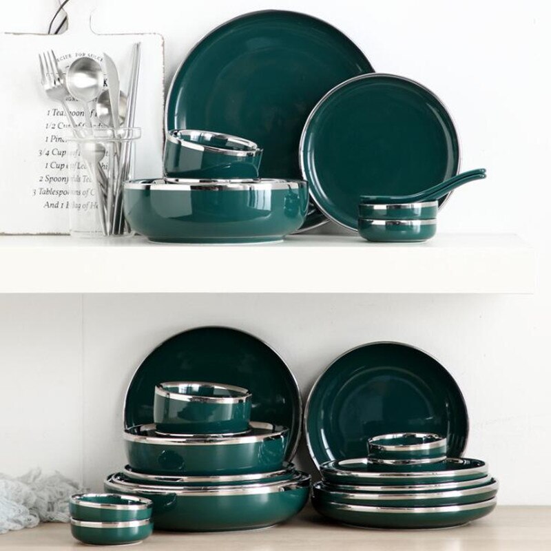 Zilveren rand retro nordic light luxe keramisch servies donkergroen servies serie hotel servies set westerse gerechten 1pc