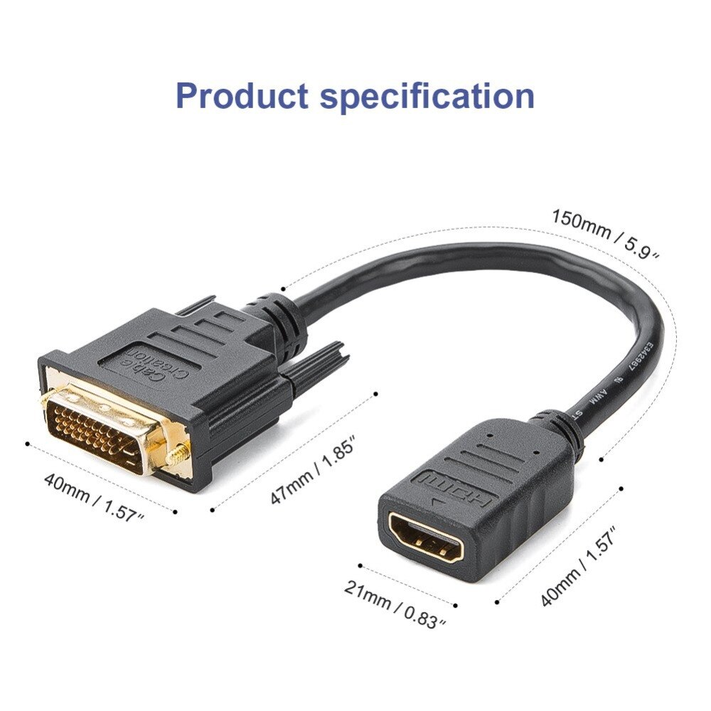 HDMI to DVI Cable,Bi-Directional HDMI Female to DVI-D(24+1) Male Adapter, 1080P DVI to HDMI Conveter, 3D, 0.15M