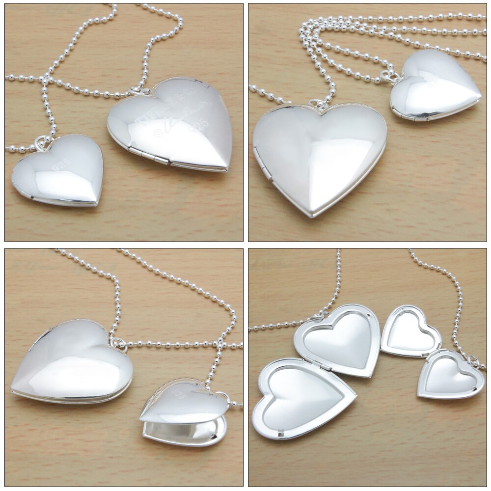 DIY Photo Necklace 100% 925 Sterling Silver Heart Photo Box Pendant Long Bead chain Woman Jewelry gGift