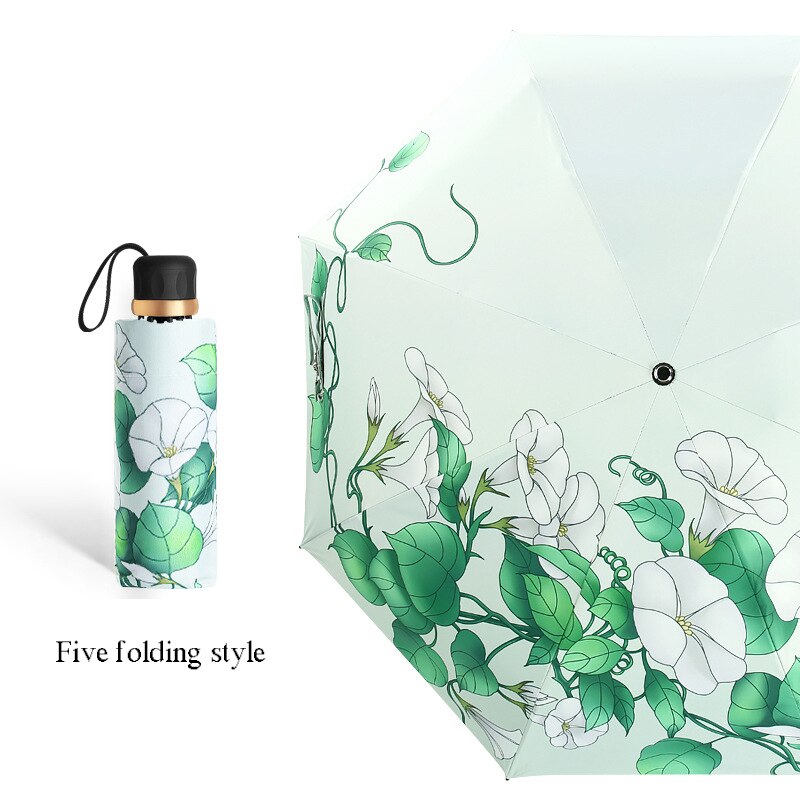 Paraguas plegables elegantes con flores para mujer, Parasol anti UV con revestimiento negro, paraguas para mujer, equipo de lluvia de viaje para chica, paraplaie compacto: 5 fold 8 ribs A