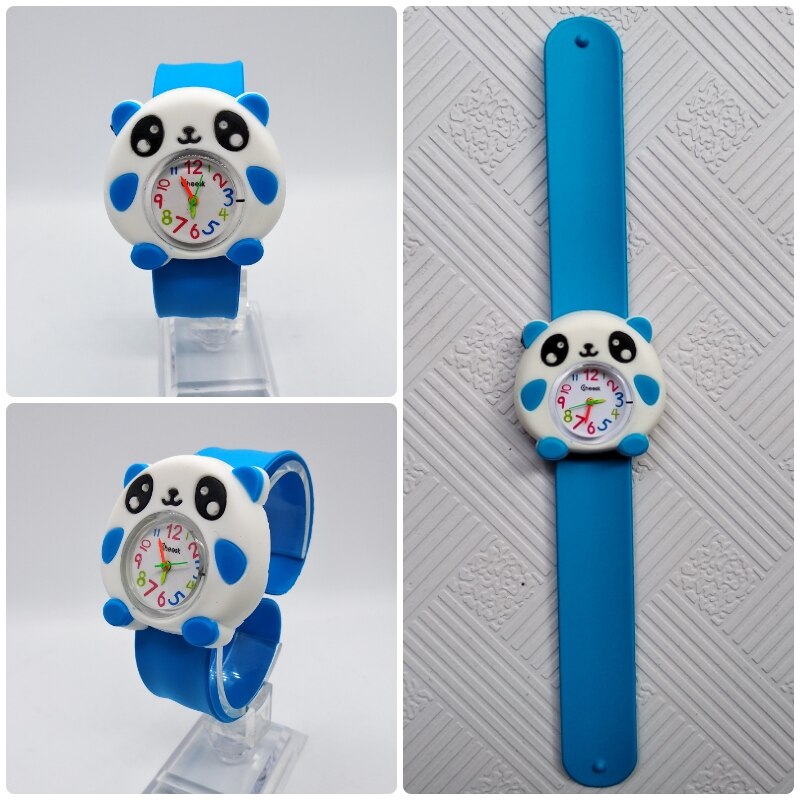 4 blandet tegneserie bi enhjørning mønster børn ure skildpadde slap pat ring ur børn quartz sport armbåndsur drenge piger ur: Panda himmelblå