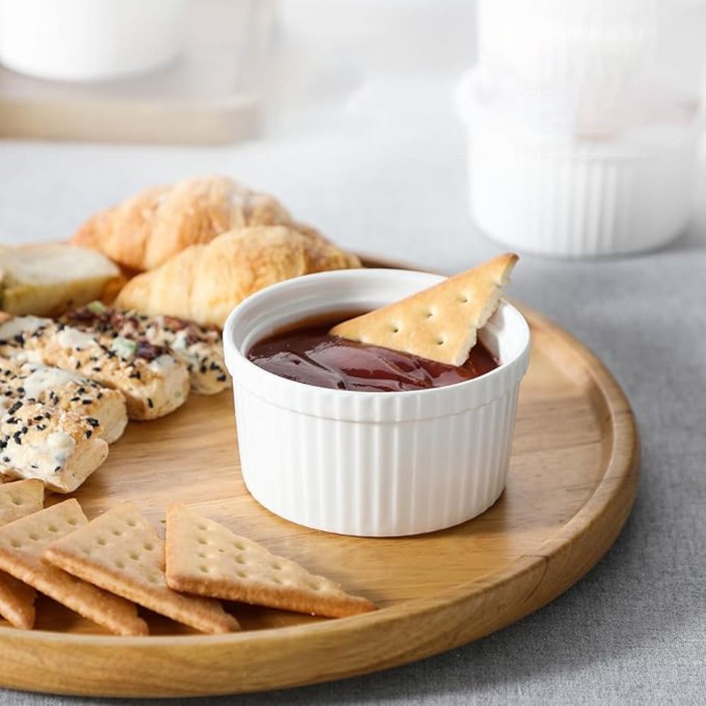 6pcs Baking Bowl 8 Oz Ramekin Porcelain with Lid Dessert Cup White High Temperature Resistant Pudding Cup Dishwasher