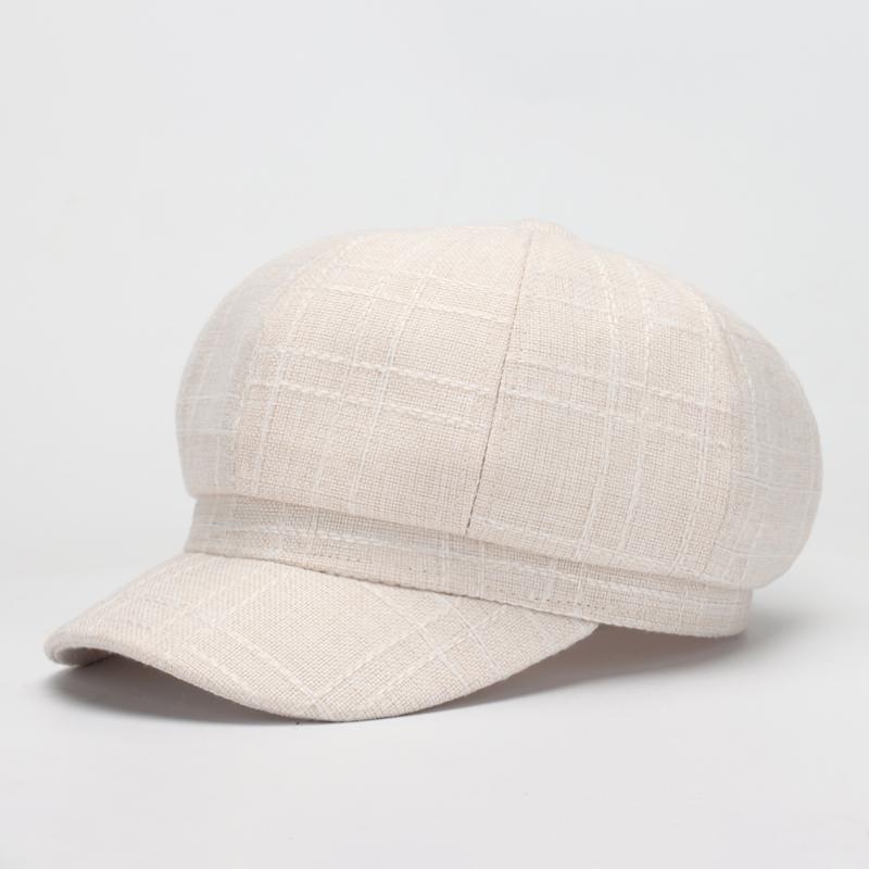 Hatt keps basker dam åttkantig hatt vintage rutig tidningspojke keps bred brättad målarhattar för kvinnor män gorras: Beige