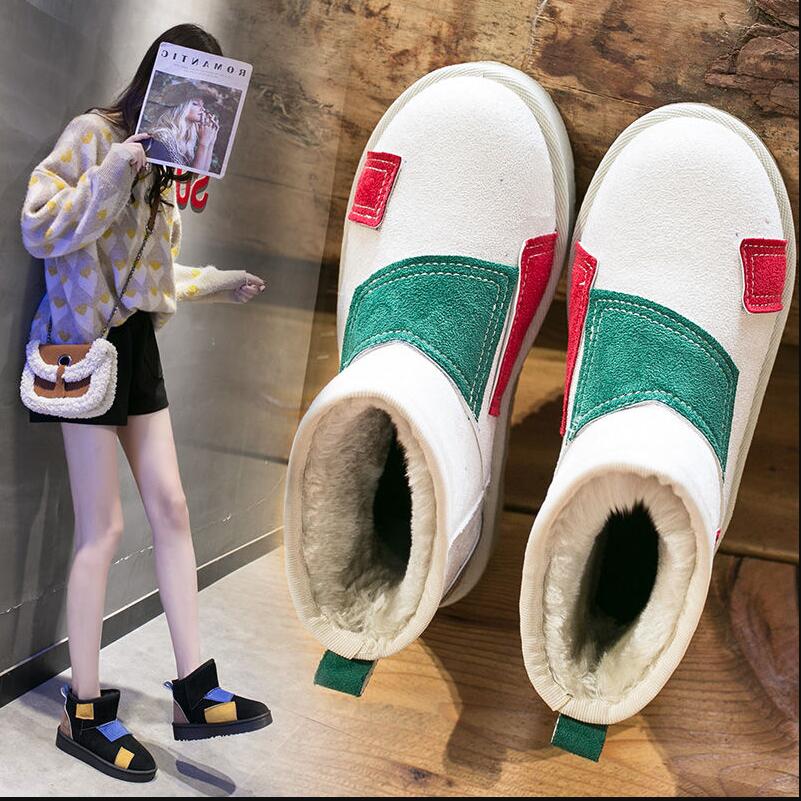 Snowboots Vrouw Winter Dikker Fluwelen Vrouwen Katoenen Schoenen Platte Instappers Antislip Enkel laarzen Patchwork Zwart Beige