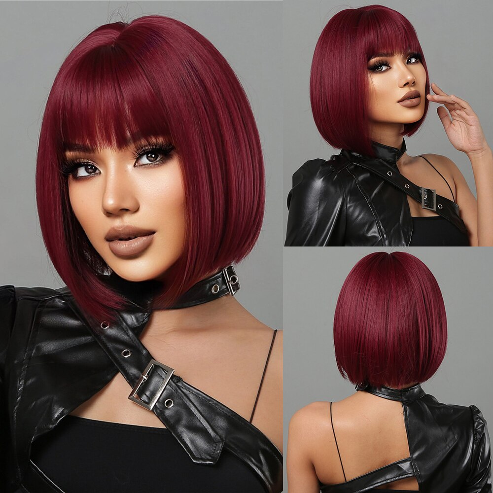 Vinho curto vermelho Bob perucas para mulheres Borgonha Bob perucas com Franja grossa peruca sintética resistente ao calor