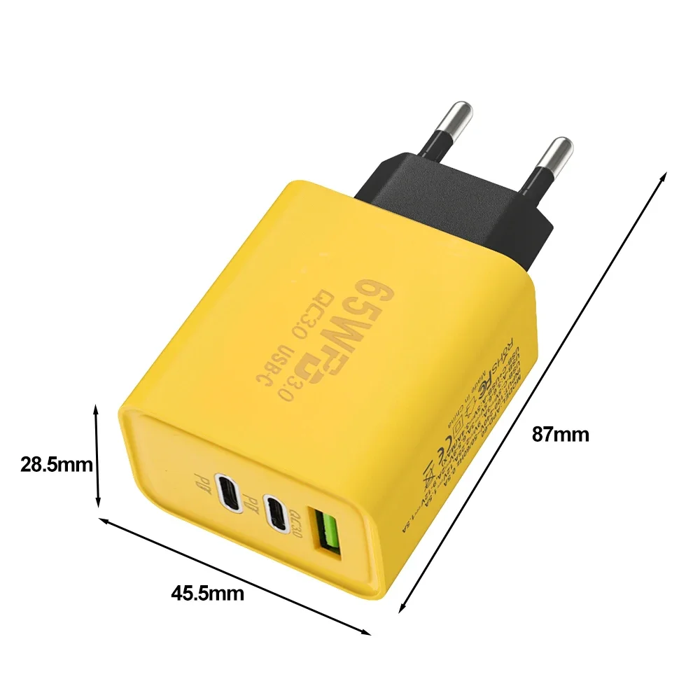 65 W 3 Poorten GaN USB PD Mobiele Telefoon Opladers USB C Naar Type C Hoge snelheid Opladen Datakabel Koord QC3.0 Mobiele Telefoon Muur Adapter: Br