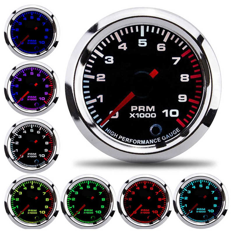 Tacho Gauge 52mm/2in Universal 7 Colors Tachometer Meter with Measuring Range 0-10000RPM