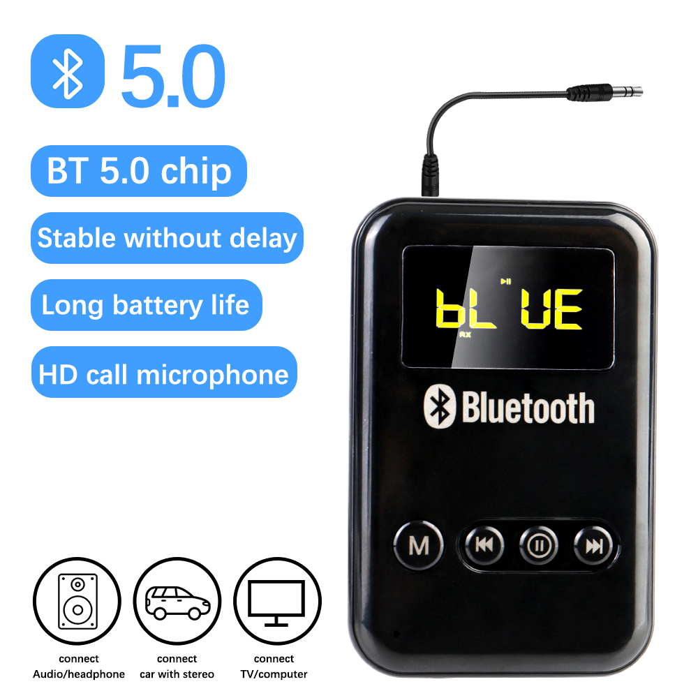 Transmitter Receiver 300mA Battery Wireless Audio LED Bluetooth 5.0 Adapter For Car Music Headphone Speaker Support TF Card FM