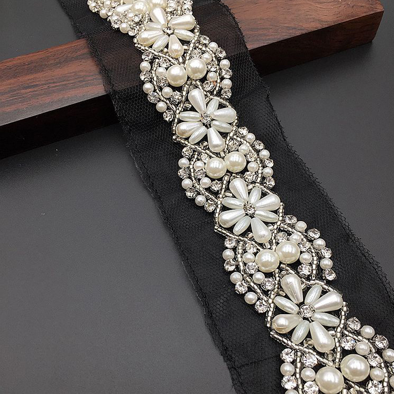Robe en cristal strass avec des appliques de perles 3D, bricolage de vêtements à coudre, accessoires pour robe de mariée, tissu en maille: black