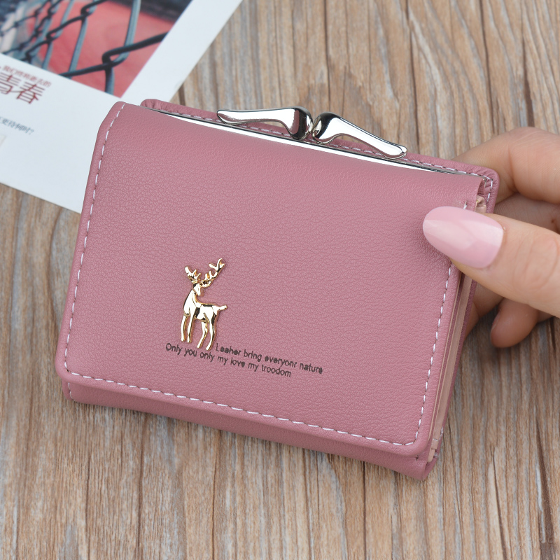 Cute Wallets Leather Women Wallets Short Wallet Student Coin Purse Card Holder Ladies Clutch Bag Small Deer Female Purse: rose red