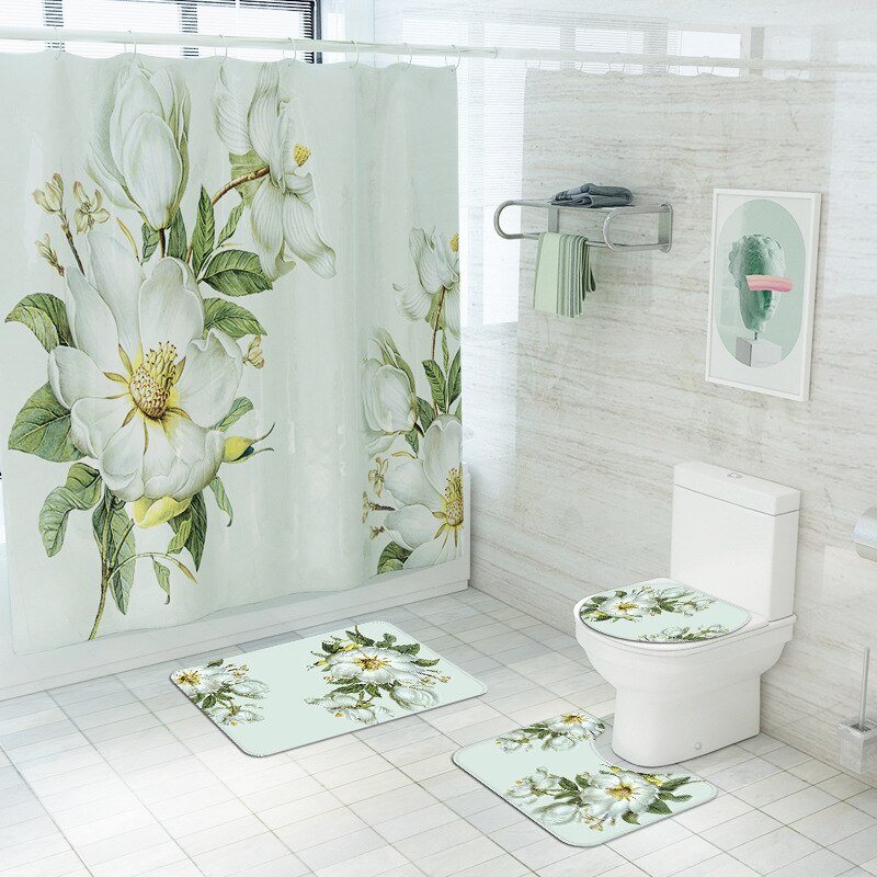 Floral Bathroom Carpet Shower Room Toilet Floor Mat Toilet Seat Cover Mat Bathroom Non-Slip Carpet Mat Set with Shower Curtain: 4pcs-729