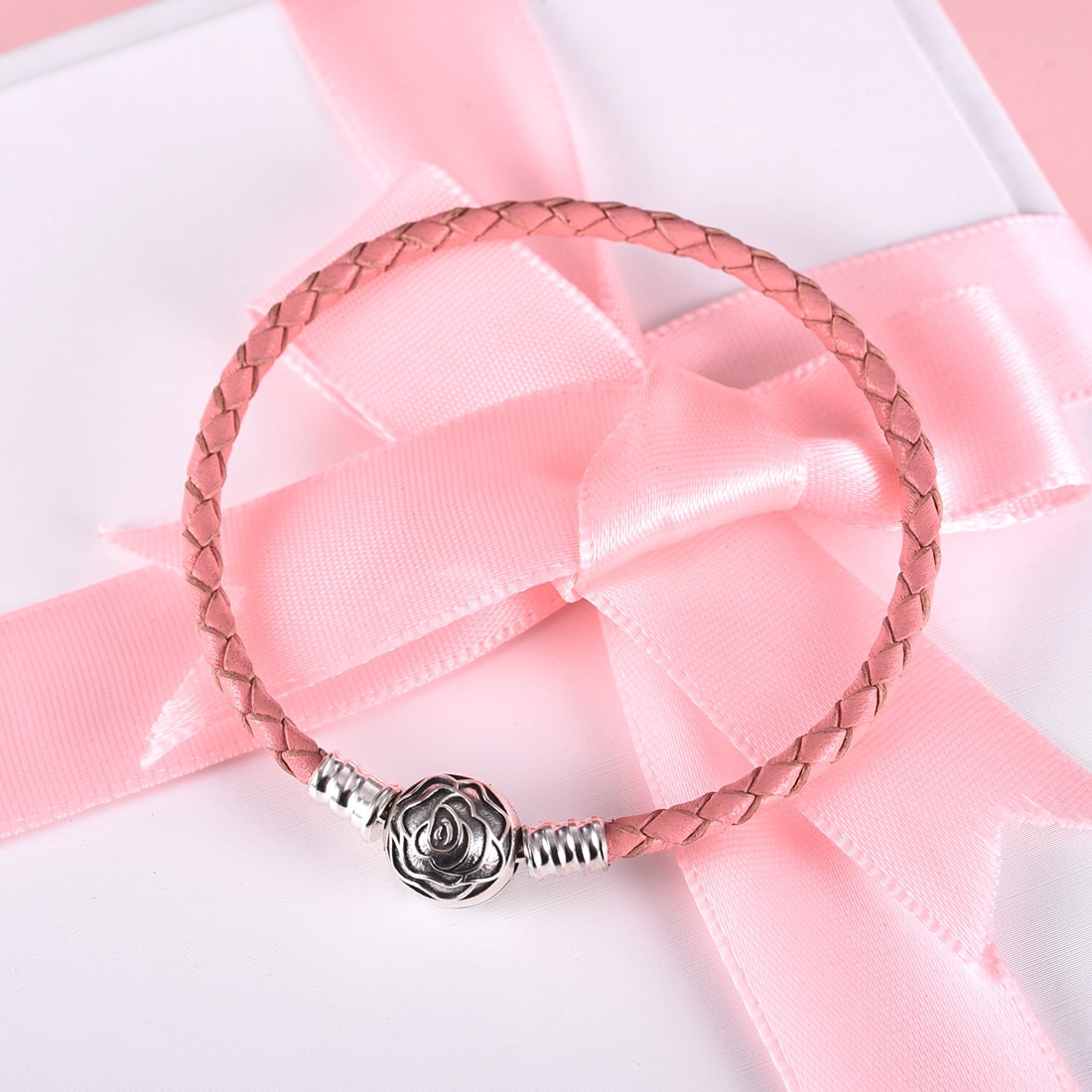 Jiayiqi Fine 925 Sterling Silver Pink&Black Leather Rose Round Buckle Bracelets For Women Fit 925 Silver Charms Bracelet Jewelry